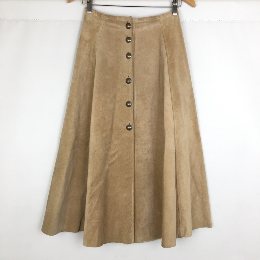 Vintage Boho Western Tan Suede Leather Midi Maxi Skirt Size S by Mountain Rhythm